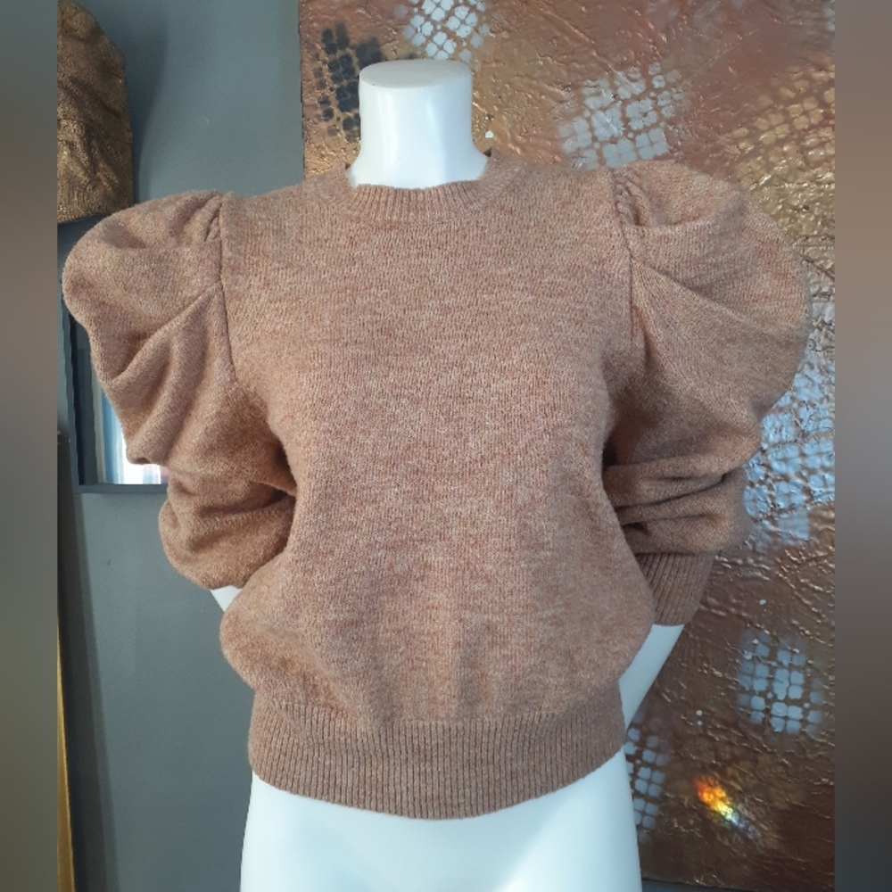 Astr Puff Sleeve Crewneck Sweater in Light Brown